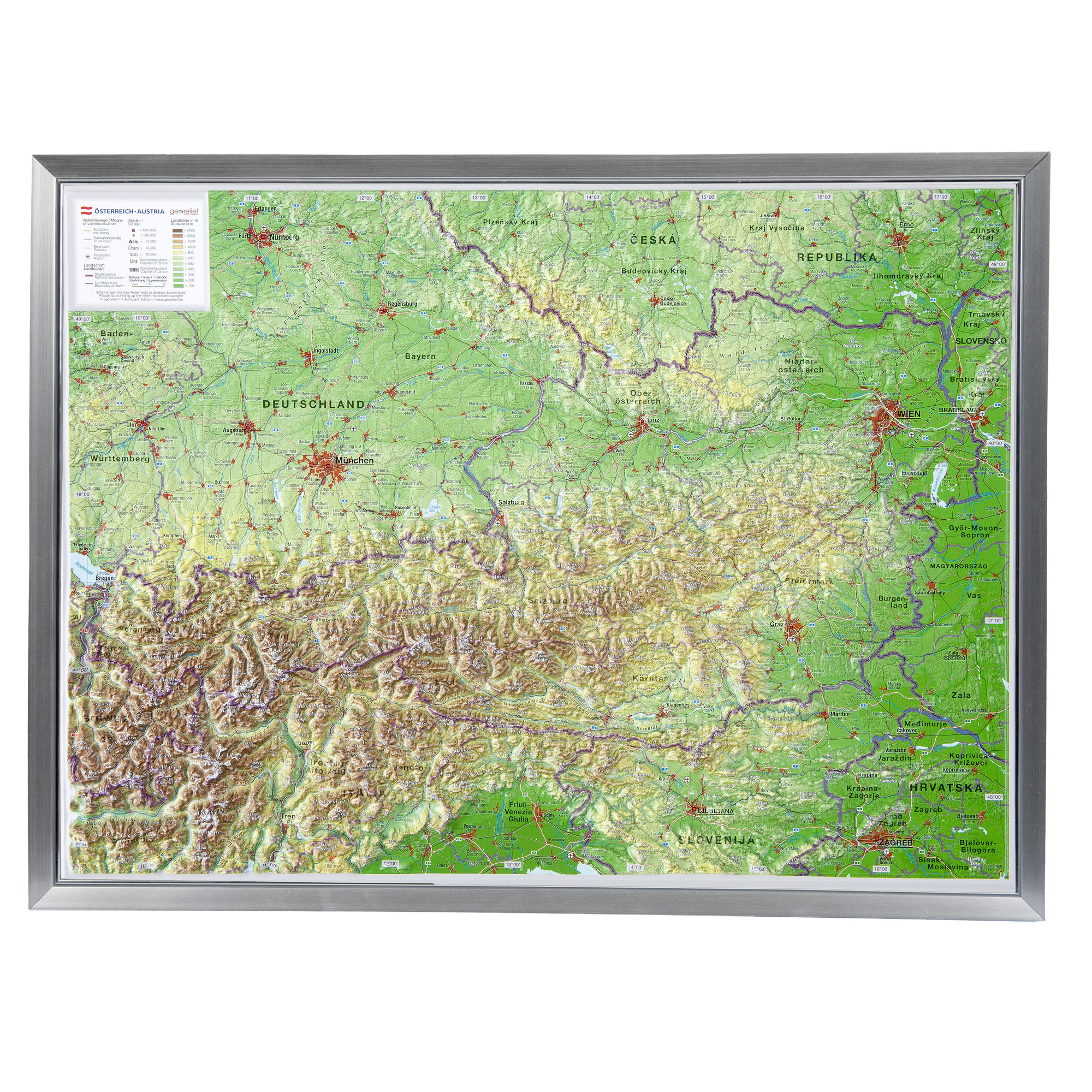 Georelief Landkarte Österreich 77x57 3D Reliefkarte mit Alu Rahmen