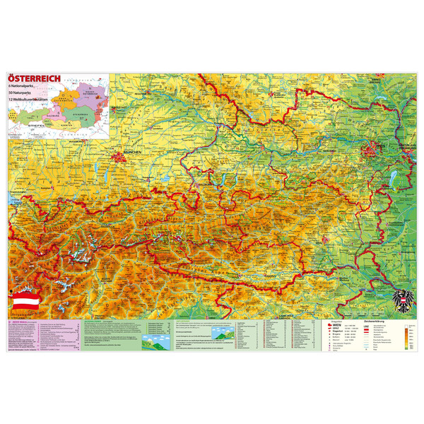 Stiefel Landkarte Österreich National- und Naturparks mit UNESCO-Welterbestätten (98 x 68 cm)