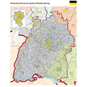 GeoMetro Regional-Karte Baden-Württemberg Postleitzahlen PLZ (100 x 123 cm)